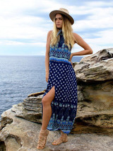 Sexy Chiffon Bohemia Floral Backless Front Split Maxi Dress