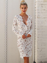 Sexy Lace Hollow V Neck Long Sleeve Bodycon Midi Dress