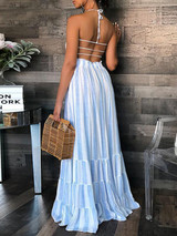 Sexy Striped Halter Neck Spaghetti Strap Sundress Maxi Dress