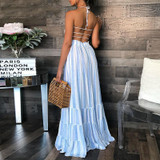 Sexy Striped Halter Neck Spaghetti Strap Sundress Maxi Dress