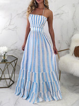 Sexy Striped Halter Neck Spaghetti Strap Sundress Maxi Dress