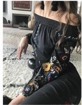 Shoulder-off Bohemian stripes heavy geometric embroidery tassels linen in the long section of the Black dress