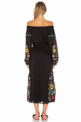 Shoulder-off Bohemian stripes heavy geometric embroidery tassels linen in the long section of the Black dress