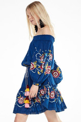 Shoulder-off Bohemian stripes heavy geometric embroidery tassels Blue dress