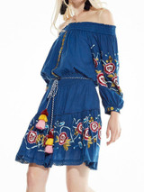 Shoulder-off Bohemian stripes heavy geometric embroidery tassels Blue dress