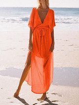 Spring And Summer Deep V-Neck Short-Sleeved Beach Maxi Dress