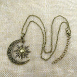 Bronze Crescent Moon and Sun Pendant Necklace Retro