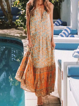 Holiday Big Swing Bohemian Beach Button Sleeveless Maxi dress