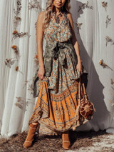 Holiday Big Swing Bohemian Beach Button Sleeveless Maxi dress