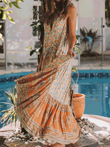 Holiday Big Swing Bohemian Beach Button Sleeveless Maxi dress