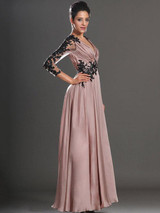Lace Pink V-neck Long Sleeve Maxi Dress