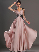 Lace Pink V-neck Long Sleeve Maxi Dress