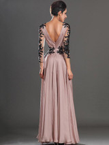 Lace Pink V-neck Long Sleeve Maxi Dress