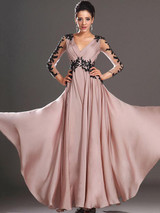 Lace Pink V-neck Long Sleeve Maxi Dress