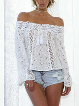Lace Off Shoulder Flared Sleeves Beach White Tops