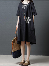 Linen Cotton Short Sleeve Loose Pockets Dress Linen Cotton Short Sleeve Loose Pockets Dress