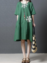 Linen Cotton Short Sleeve Loose Pockets Dress Linen Cotton Short Sleeve Loose Pockets Dress