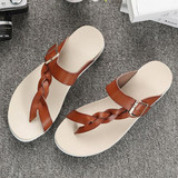 Leather Knitting Weave Buckle Clip Toe Flat Open Heel Flip Flops Sandals
