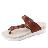 Leather Knitting Weave Buckle Clip Toe Flat Open Heel Flip Flops Sandals