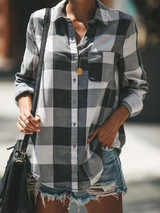 Loose Long Sleeves Plaid Button Shirt Blouse Tops
