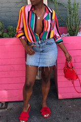 New Fashion Color Stripes Long Sleeves Loose Shirt