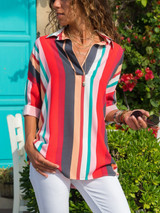 New Fashion Color Stripes Long Sleeves Loose Shirt