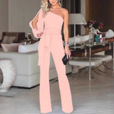 Sexy Solid Color One Shoulder Belted Jumpsuit Romper