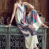 Boho Sexy Sleeveless V-Neck Printed Loose Wide Leg Jumpsuit Rompers