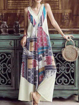 Boho Sexy Sleeveless V-Neck Printed Loose Wide Leg Jumpsuit Rompers