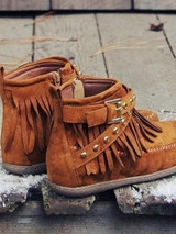 Casual Buckle Tassels Round Toe  Side Zipper Ankle Boots