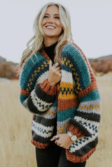 Boho Multicolor Stitching Casual Striped Autumn Winter Cardigan Sweater