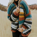Boho Multicolor Stitching Casual Striped Autumn Winter Cardigan Sweater