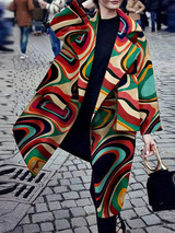 Fashion Turndown Collar Printed Colour Plus Size Long Sleeve Coat Outerwear