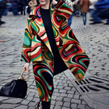 Fashion Turndown Collar Printed Colour Plus Size Long Sleeve Coat Outerwear