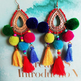 Handmade Beaded Tassels Boho Drop Pom Pom Ethnic Earrings