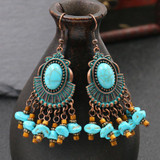 Vintage Metal Blue Stone Dangle Drop Earring Tribal Jewelry