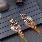 Round feather long dream catcher earrings