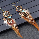 Round feather long dream catcher earrings
