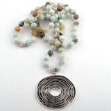 Fashion Amazonite Stone Bead Metal Circle Pendant Necklace