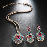 Restro 2Pcs Red Jewelry Sets Antique Gold Pink Crystal Wedding Party Jewelry