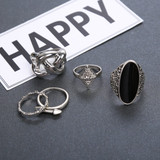 Exaggerated Big Black Stone Boho Antique Silver Knuckle Rings Set
