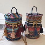 Boho Ethnic Tassel Barrel Shaped Bags Handle Handbags Bucket Mini Purses