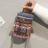 Boho Ethnic Tassel Barrel Shaped Bags Handle Handbags Bucket Mini Purses