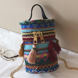 Boho Ethnic Tassel Barrel Shaped Bags Handle Handbags Bucket Mini Purses