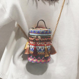 Boho Ethnic Tassel Barrel Shaped Bags Handle Handbags Bucket Mini Purses