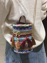 Boho Ethnic Tassel Barrel Shaped Bags Handle Handbags Bucket Mini Purses