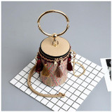 Fringe Barrel Chain Crossbody Woven Bag
