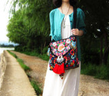 Folk Style Flower Peacock Embroidered Tassel Canvas Shoulder Bag Handbag