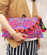 Flower Ethnic Embroidery Shoulder Cross Pom Ball Small Bag