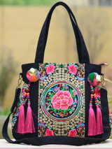 Ethnic Style Embroidery Versatile Canvas Oblique Tassel Shoulder Bag